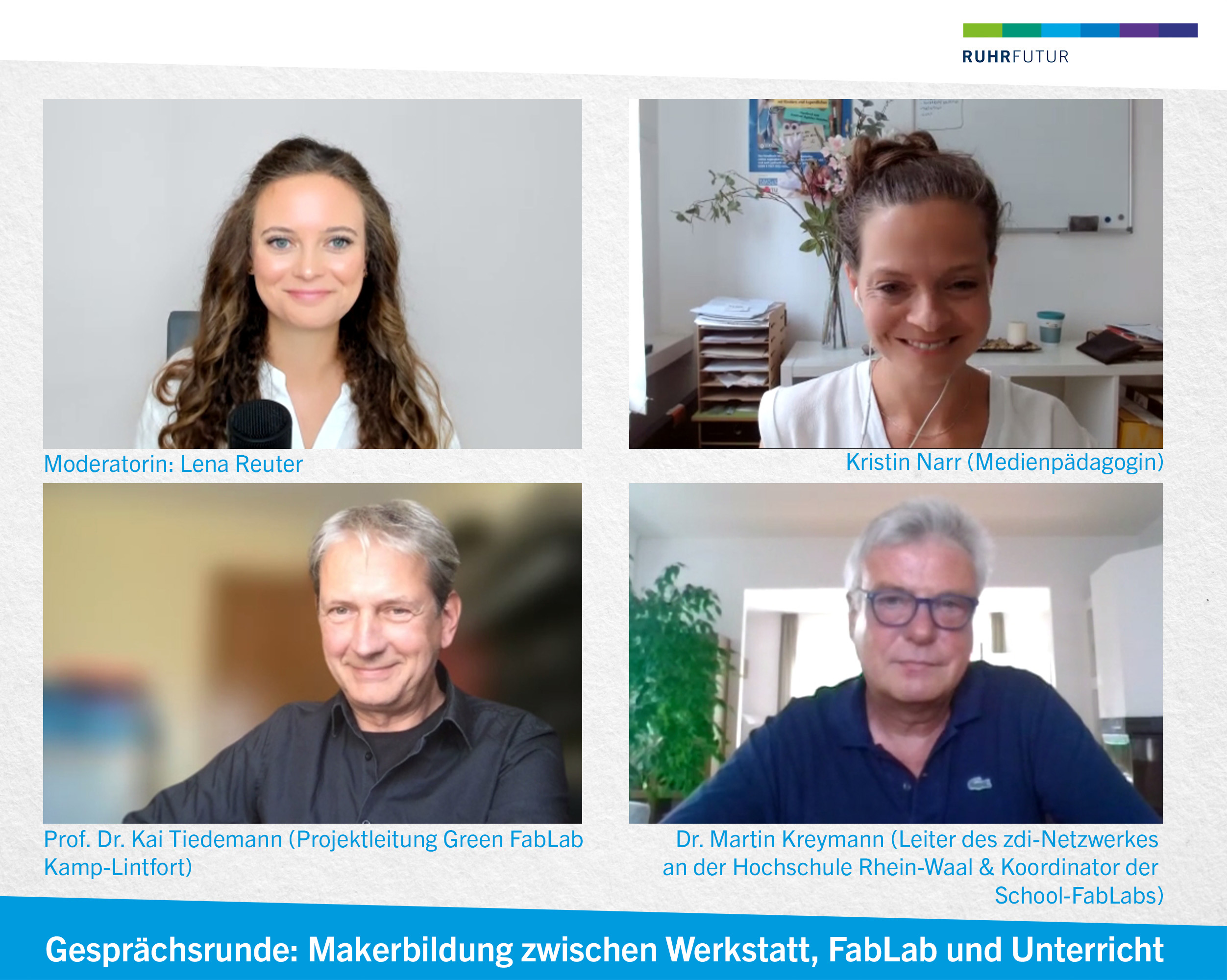 Zoom-Screenshot von den 4 Teilnehmenden der Diskussionsrunde