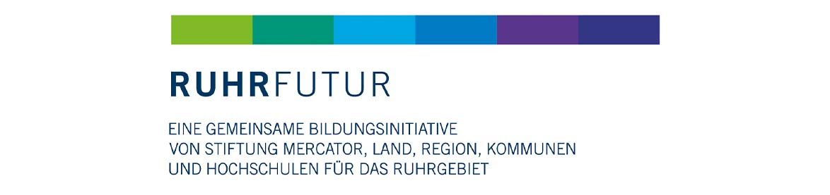 RuhrFutur Logo mit Claim: Eine gemeinsame Bildungsinitiative von Stiftung Mercator, Land, Region, Kommunen und Hochschulen für das Ruhrgebiet