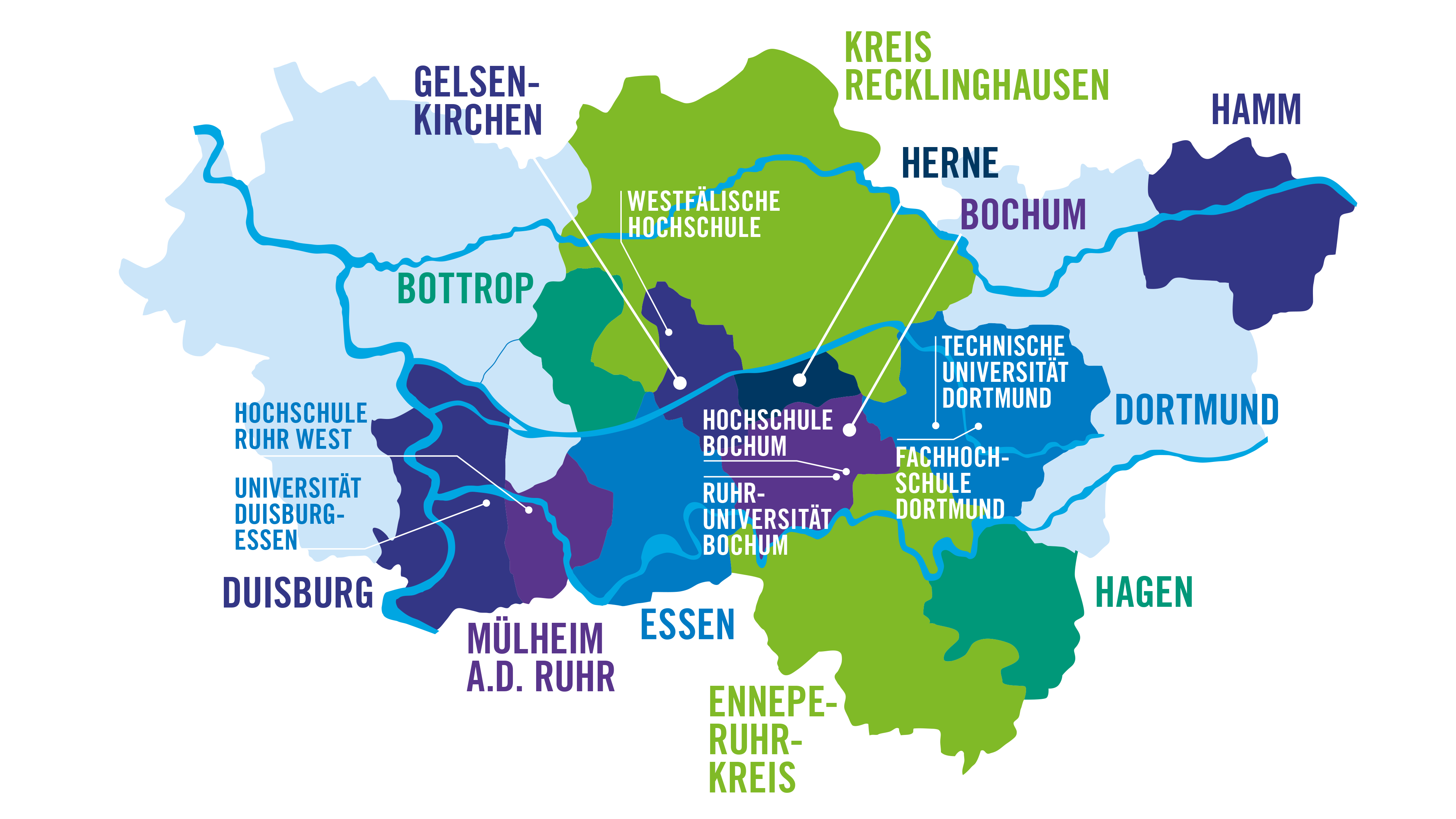 Karte des Ruhrgebiets mit allen RuhrFutur-Partner*innen