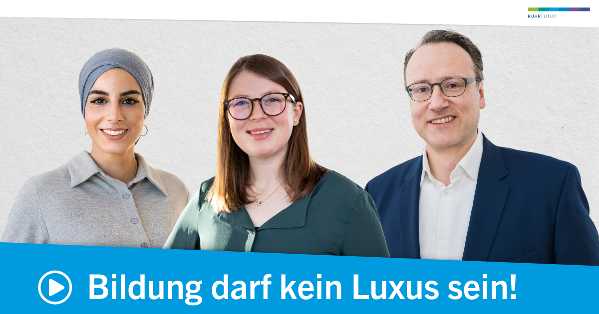 Portrait mit Meryem Sönmez, Viktoria Latz, Markus Küpker. Untertitel: Bildung darf kein Luxus sein!