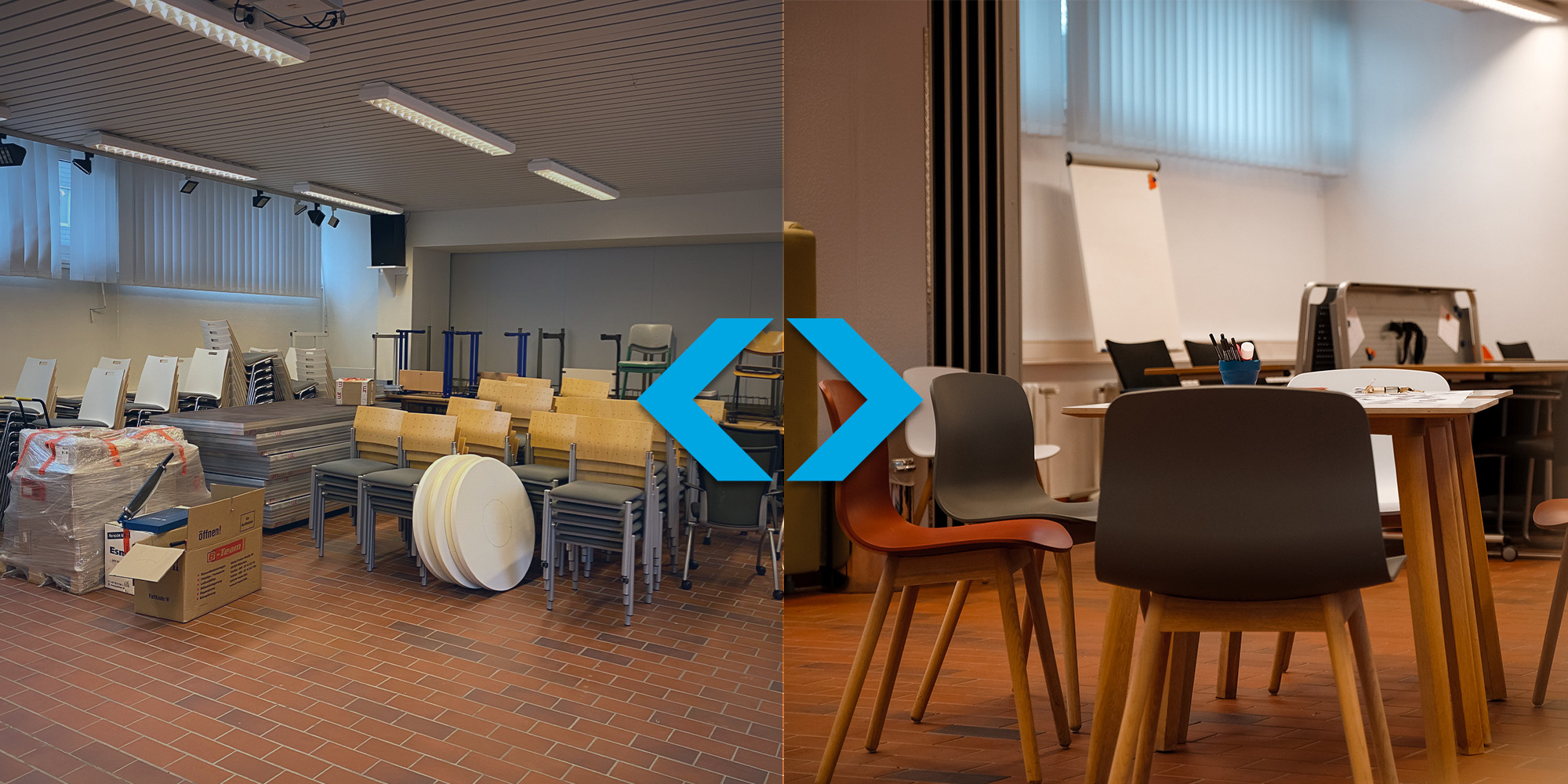 Links: ein mit Stühlen vollgestellter Raum; rechts: Tisch mit Stühlen, Flipchart