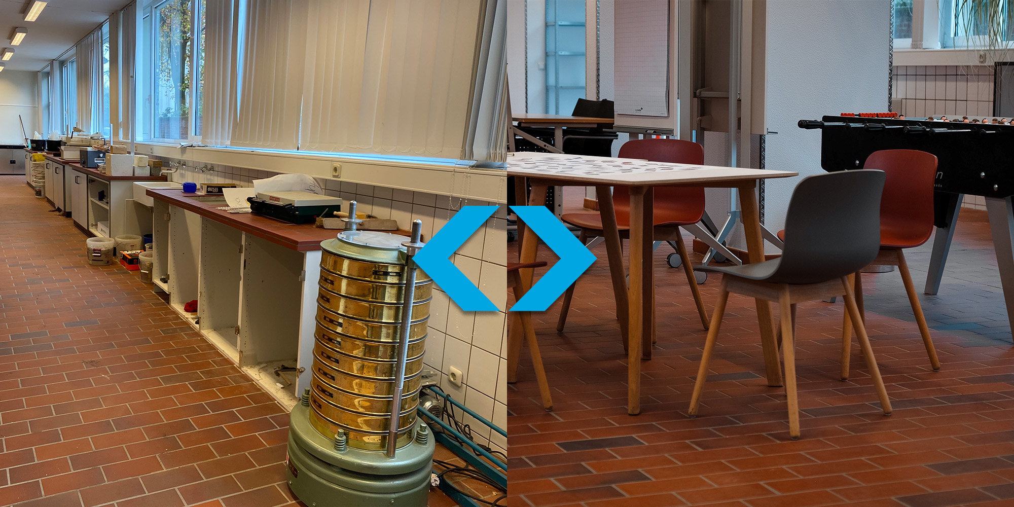 links: alte, kaputte Schränke und Waschbecken; rechts: bunte Sitzgruppe