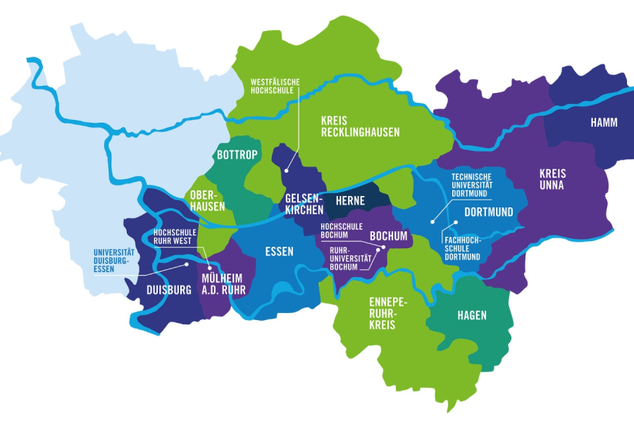 Karte des Ruhrgebiets mit den RuhrFutur-Partner*innen