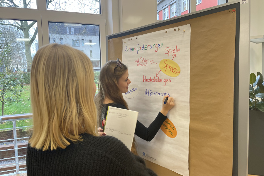 Zwei Frau, eine blond und eine braunhaarig, stehen vor einer Stellwand und beschriften ein Plakat