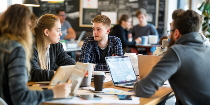 Junge Studierende an einem Tisch mit Laptops