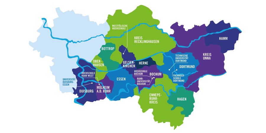 Karte des Ruhrgebiets mit den RuhrFutur-Partner*innen