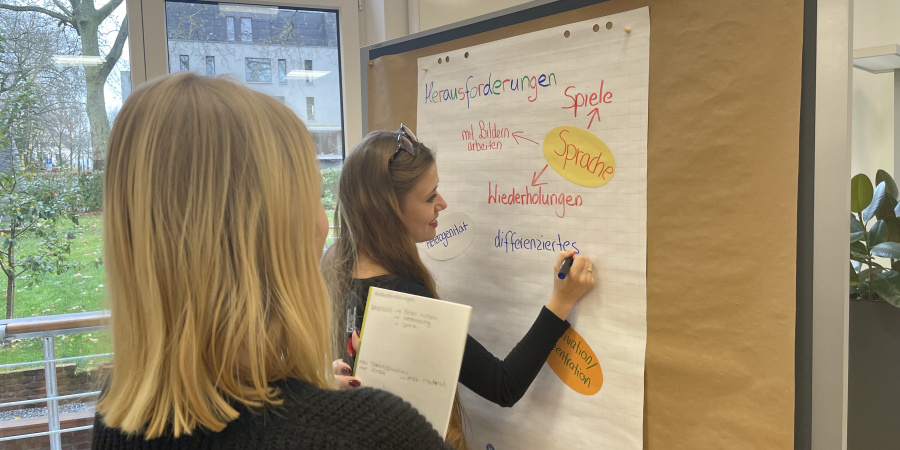 Zwei Frau, eine blond und eine braunhaarig, stehen vor einer Stellwand und beschriften ein Plakat